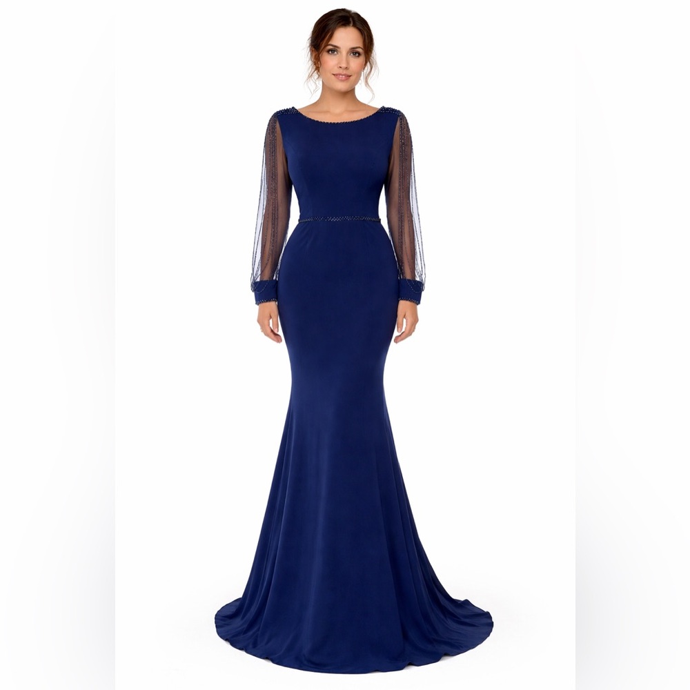 Elegant Navy Long-Sleeve Mermaid Evening Dress